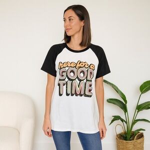 Lovey’s Boutique NEW Here for a Good Time Raglan Graphic T-Shirt Black White L